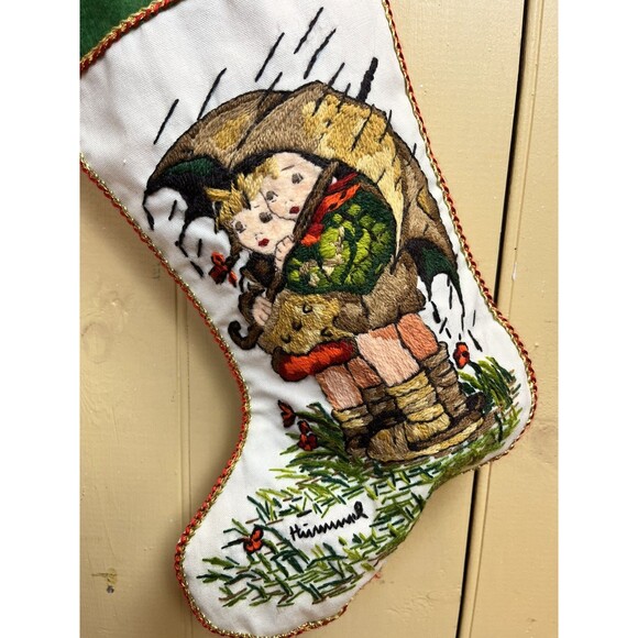 Vintage Hummel Christmas Stocking Hand Embroidered Crewel On Linen & Felt 17" - Picture 5 of 8